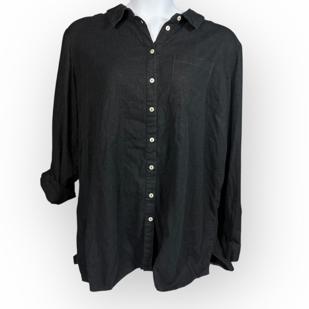 Naturals by D & Co. Elegant Black Linen blend Button-Up Women's Tunic tab sleeve
